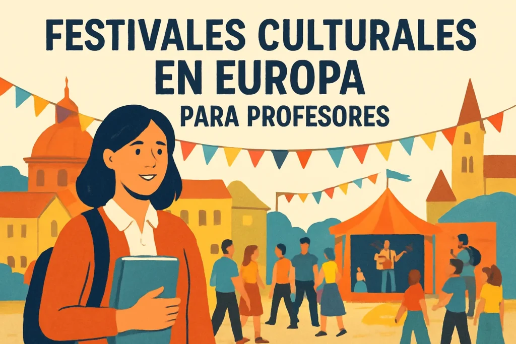 Poster advertising 'FESTIVALES CULTURALES EN EUROPA PARA PROFESORES'; a smiling woman holds a notebook at a colorful festival with bunting and tents in the background.