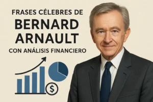 Banner-style image with a smiling businessperson in a suit on the right and Spanish text about famous quotes and financial analysis on the left, plus charts and a dollar icon.
