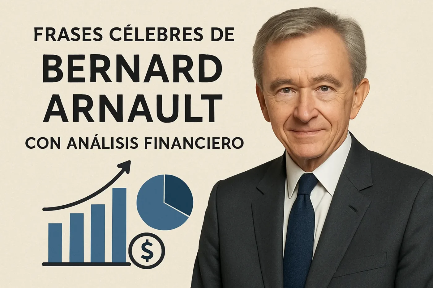 frases-celebres-de-Bernard-Arnault-con-analisis-financiero - Europa News 24h Banner-style image with a smiling businessperson in a suit on the right and Spanish text about famous quotes and financial analysis on the left, plus charts and a dollar icon.