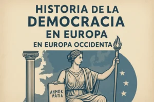 Vintage poster announcing 'History of Democracy in Europe, Western Europe,' showing a seated classical woman holding a torch and a tablet with writing, against a map backdrop.
