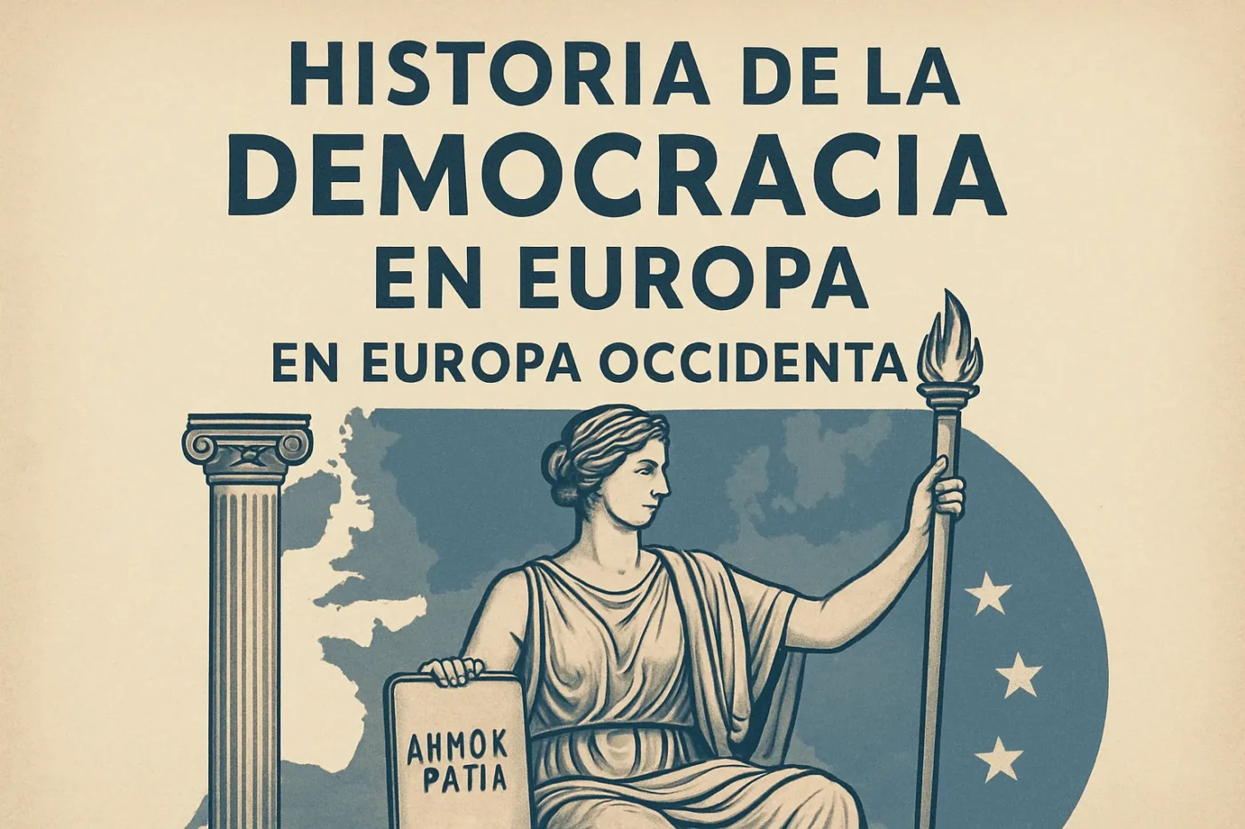 historia-de-la-democracia-en-Europa-en-Europa-Occidental - Europa News 24h Vintage poster announcing 'History of Democracy in Europe, Western Europe,' showing a seated classical woman holding a torch and a tablet with writing, against a map backdrop.