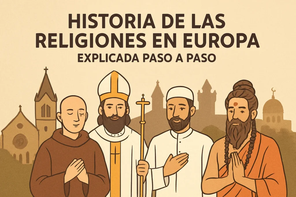 Title card: 'Historia de las Religiones en Europa' with four religious figures praying and a European skyline behind.