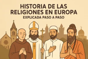 Title card: 'Historia de las Religiones en Europa' with four religious figures praying and a European skyline behind.