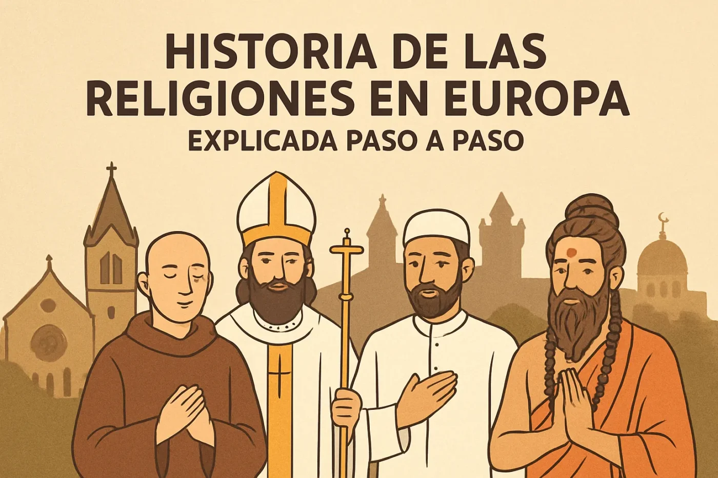 historia-de-las-religiones-en-Europa-explicada-paso-a-paso - Europa News 24h Title card: 'Historia de las Religiones en Europa' with four religious figures praying and a European skyline behind.