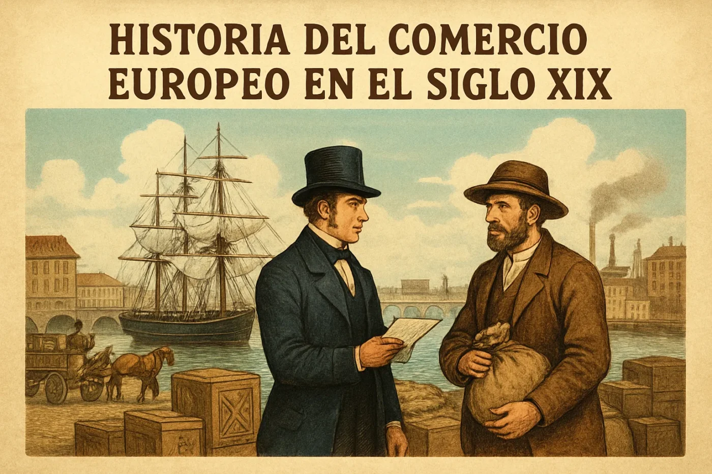 historia-del-comercio-europeo-en-el-siglo-XIX - Europa News 24h Two 19th-century men in period clothing discuss a document at a bustling European port, with ships and crates in the background.