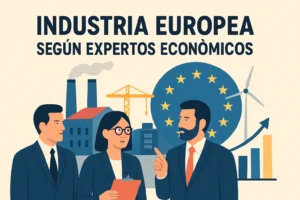 Professionals in suits discuss Europe’s industry, with factories, a crane, wind turbine and a circle of EU stars in the background.