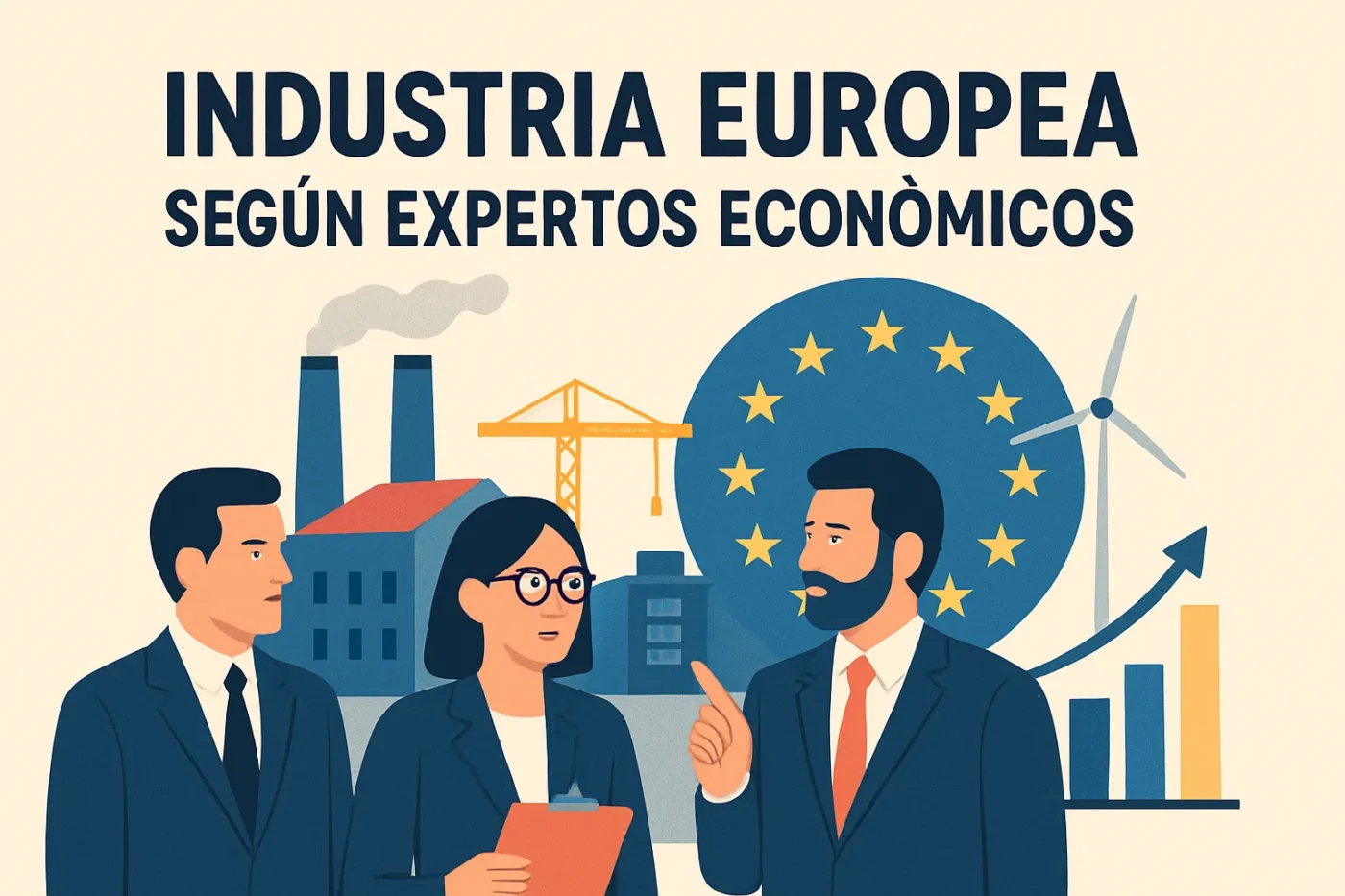 industria-europea-segun-expertos-economicos - Europa News 24h Professionals in suits discuss Europe’s industry, with factories, a crane, wind turbine and a circle of EU stars in the background.