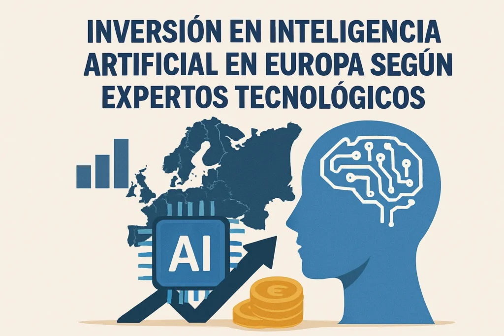 Infographic showing investment in artificial intelligence in Europe, according to tech experts, with map, AI brain, and coins as icons.
