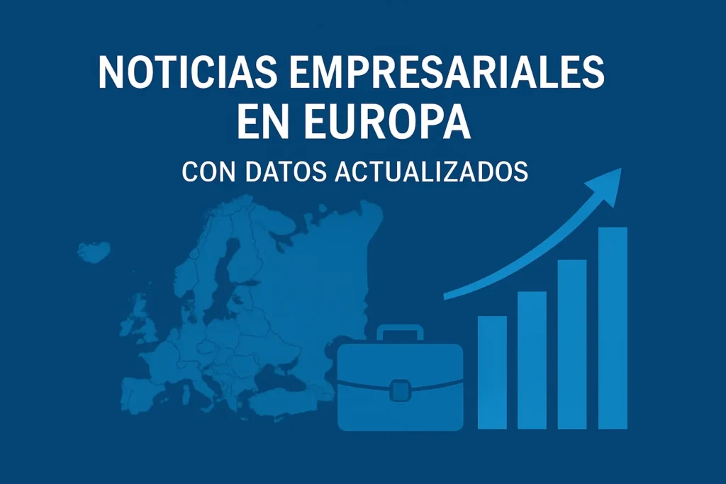 Blue banner showing the title 'NOTICIAS EMPRESARIALES EN EUROPA CON DATOS ACTUALIZADOS' with a Europe map, a briefcase, and an upward-trending bar chart to indicate growing business data in Europe.
