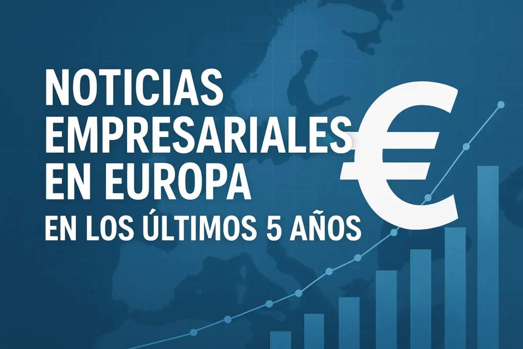 Noticias empresariales en Europa en los últimos 5 años, con gráfico de barras en tono azul y símbolo del euro