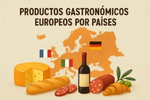 Mapa de Europa en naranja con queso, pan, embutidos y vino, junto a banderas de Francia, Italia y Alemania (productos gastronómicos europeos).