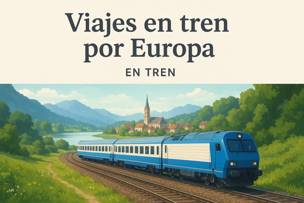 Blue passenger train on curved tracks through green countryside toward a small village with a church tower, mountains in the distance (travel by train across Europe).