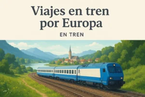 Blue passenger train on curved tracks through green countryside toward a small village with a church tower, mountains in the distance (travel by train across Europe).