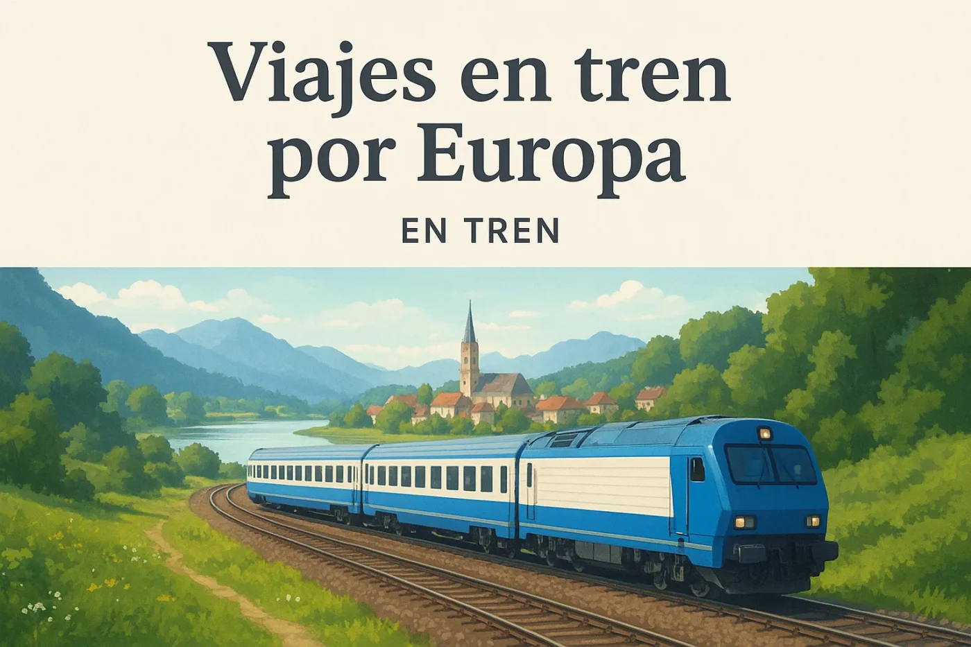 viajes-en-tren-por-Europa-en-tren - Europa News 24h Blue passenger train on curved tracks through green countryside toward a small village with a church tower, mountains in the distance (travel by train across Europe).